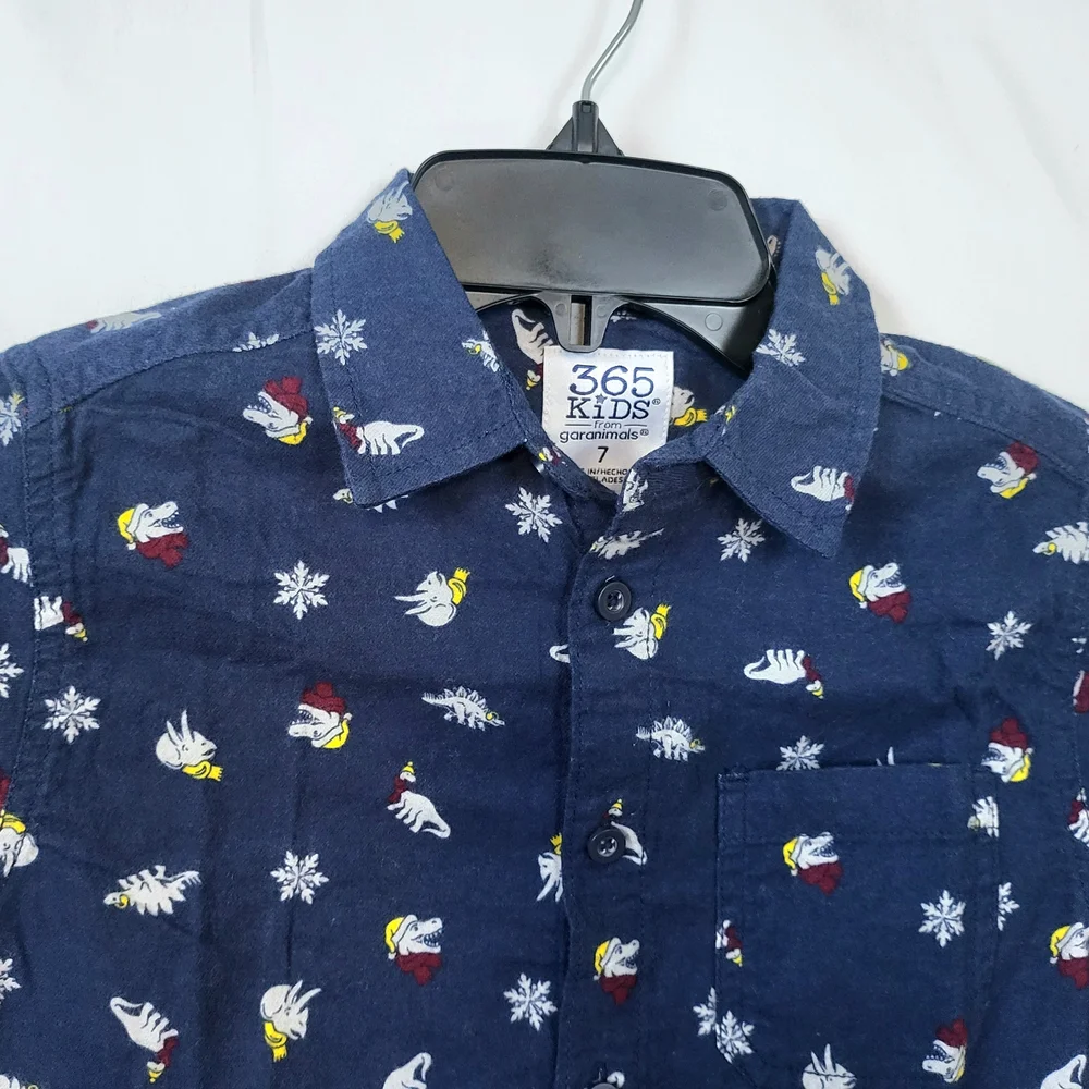 365 Kids Garanimals Boys Navy Dinosaur Pattern Long Sleeve Button Shirt Sz 7 New